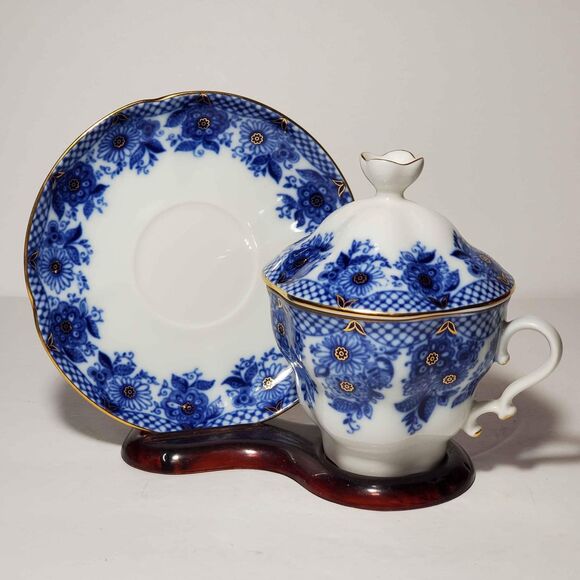 Lomonosov Teacup Saucer and Lid Blue Flowers Net Russia - Picture 1 of 9